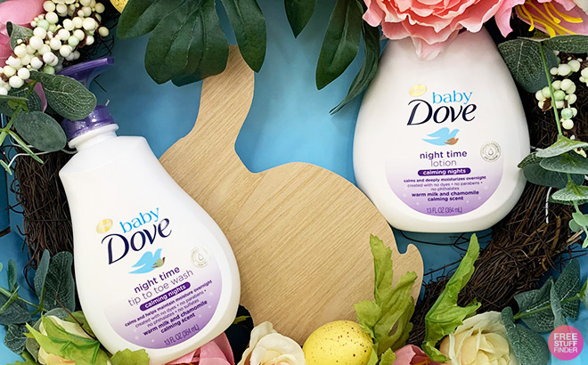 Baby Dove Wash and Lotion next to Flowers