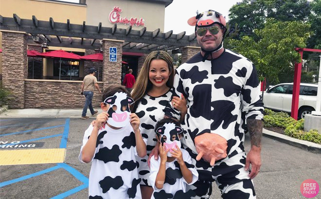 Beautiful Family In Front Of Chick fil A Restaurant Dressed In Cow Printed Outfits