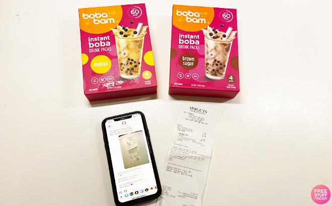 Boba Bam Brown Sugar Instant Boba Drink 4 Pack with Mobile Phone and Receipt