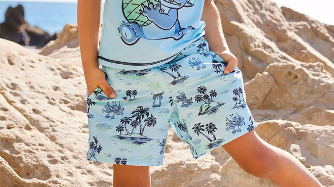 Boy Wearing Lilo Stitch Swim Trunks
