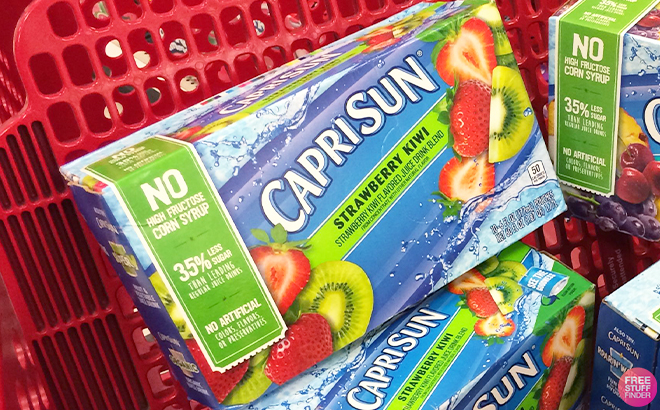 A 10-count Package of Capri Sun Strawberry Kiwi Blend Juice Pouches in a Target Cart