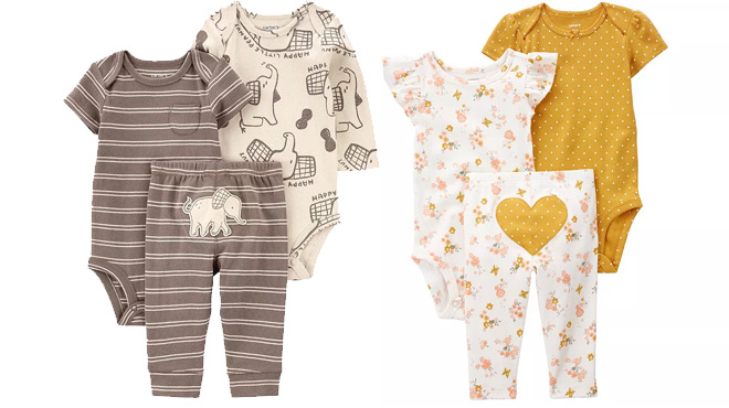Carters Baby Boy 3 Piece Elephant Set on the Left and Carters Baby Girl Heart Bodysuits Pants Set on the Right