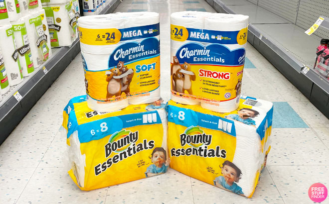Charmin Essentials Toilet Paper and Bounty Essentials Paper Towels on a Floor at Walgreens Store
