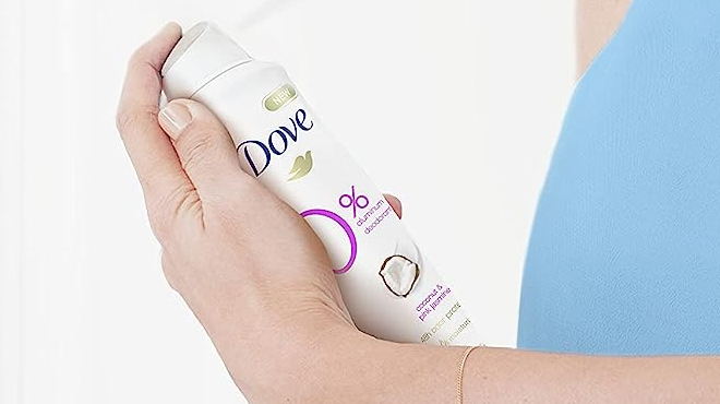 Dove Percent Aluminum Deodorant Spray in coconut and pink jasmine scent at Amazon