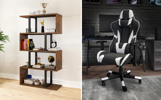 Ehrenfeld Steel Geometric Bookcase and Gaming Chair