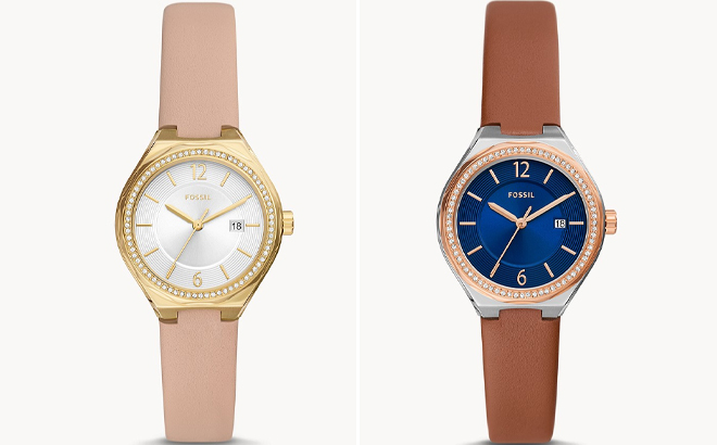 Fossil Eevie Three Hand Date Pink and Brown Leather Watches Fossil Eevie Three Hand Date Pink and Brown Leather Watches