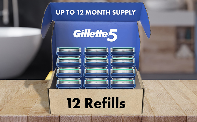 Gillette5 Mens Razor Blade Refills 12 Count on a Bathroom Counter