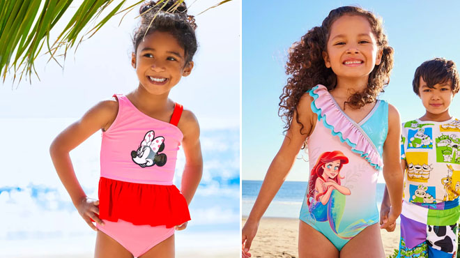 Girl Wearing Disney Minnie Mouse Swimsuit and Girl Wearing Little Mermaid Swimsuit on a Beach