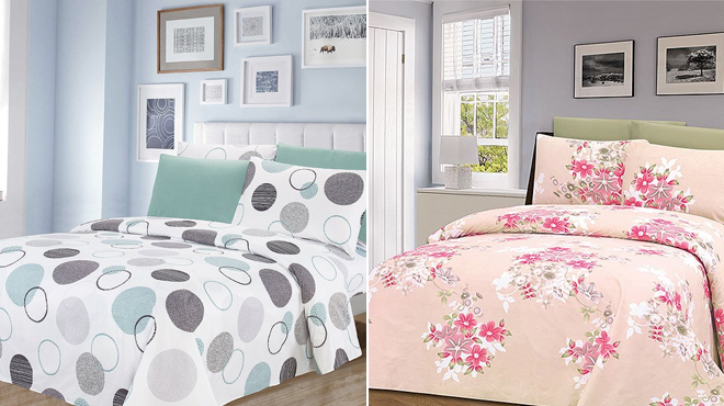 Glory Home Designs Six Piece Sheet Set Mint White Abstract Polka on the left and Peach White Floral on the right