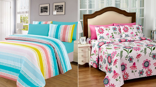 Glory Home Designs Six Piece Sheet Set Peach Turquoise Stripe Design on the left and Pink Fuchsia Floral on the right