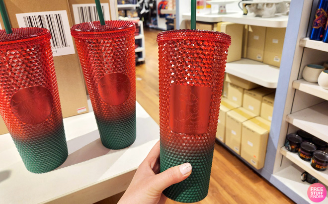 Hand Holding Disney Mickey Mouse Christmas Starbucks Tumbler with Straw