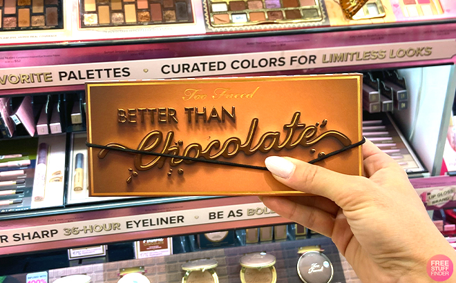 Hand holding one Too Faced Better Than Chocolate Eyeshadow Palette