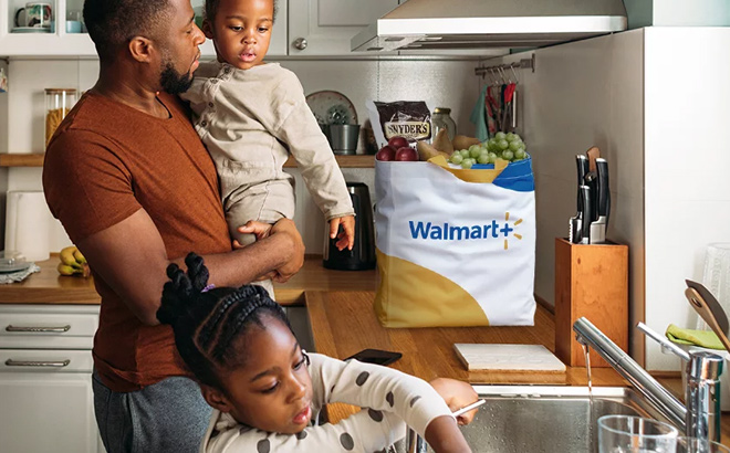 Happy Dad with two daughters and a Walmart Bag in a Kitchen