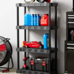 Hyper Tough 4 Tier Garage Shelf with Cleaners and Tools Inside the Garage
