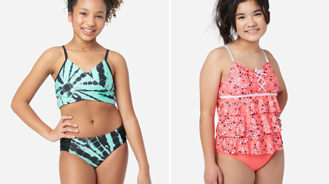 Justice Butterfly Wrap Bikini and Patterned Lace Up Tankini Swim Set Justice Butterfly Wrap Bikini and Patterned Lace Up Tankini Swim Set