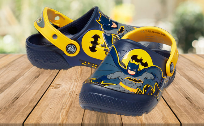 Kids Fun Lab Batman Patch Clog on a Wooden Table
