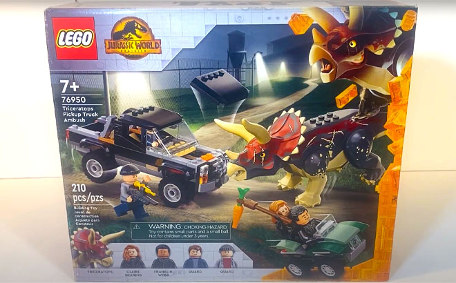 LEGO Jurassic World Dominion Triceratops Dinosaur Pickup Truck Ambush 210 Piece Set on a Box