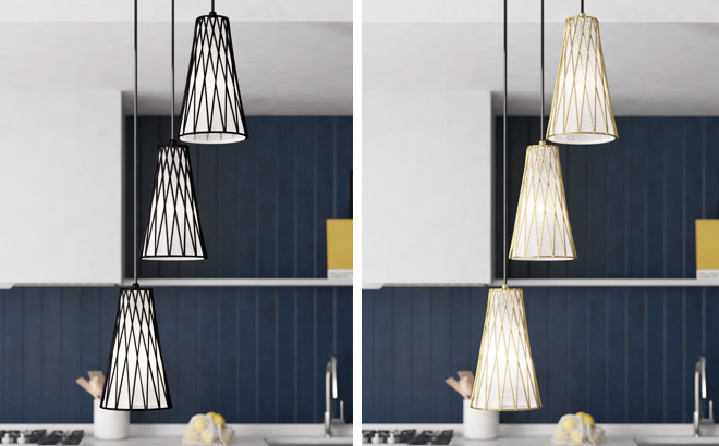 Lonzell 3 Light Cluster Pendant in Black Finish on the Left and in Brass Finish on the Right