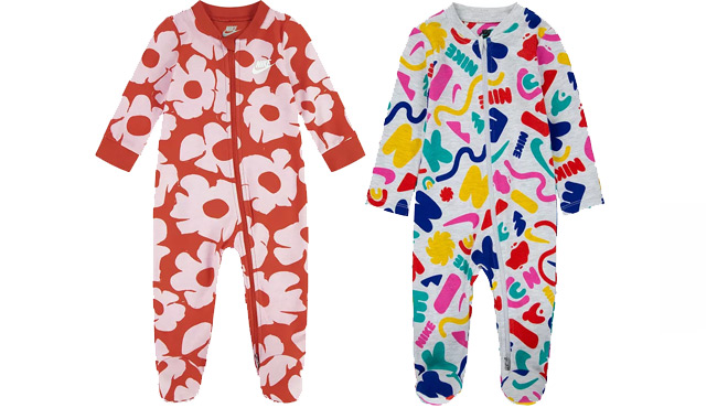 Nike Baby Floral Sleep Play Coverall on the Left and Nike Baby Primary Play Footed Sleep Play on the Right