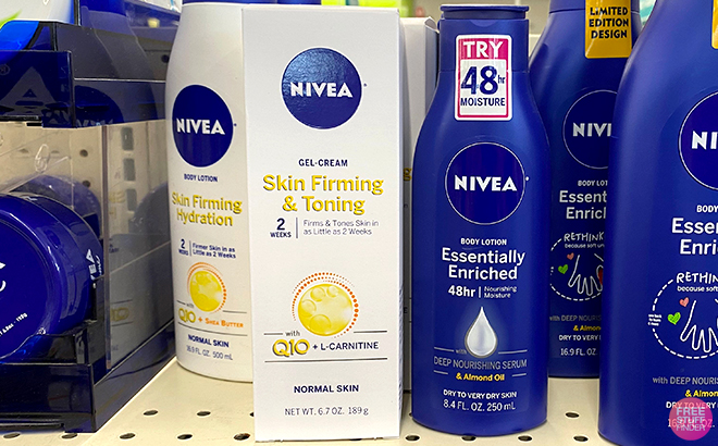 Nivea Skin Firming and Toning Body Gel Cream on a Shelf