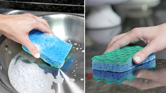 A Graphic Showing O-Cedar Multi-Use Scrubbing Sponges Being Used in the Kitchen