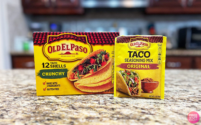 Old El Paso Taco Shells and Seasoning on a Kitchen Countertop