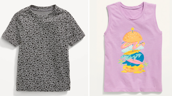 Old Navy Girls Short Sleeve Printed T Shirt on the Left and Soft Washed Graphic Sleeveless T Shirt on the Right