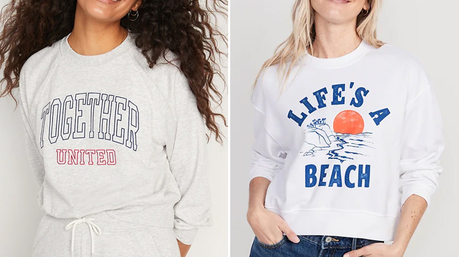 Old Navy Womens Embroidered French Terry Sweatshirt and Cropped Vintage French Terry Sweatshirt