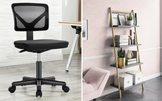 Othello Home Office Mesh Task Chair and Nova Metal Ladder Bookcase