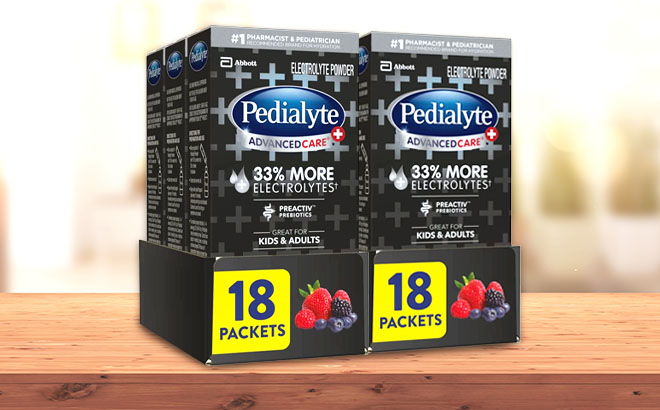 Pedialyte AdvancedCare Plus Electrolyte Powder 36 Pack on a Table