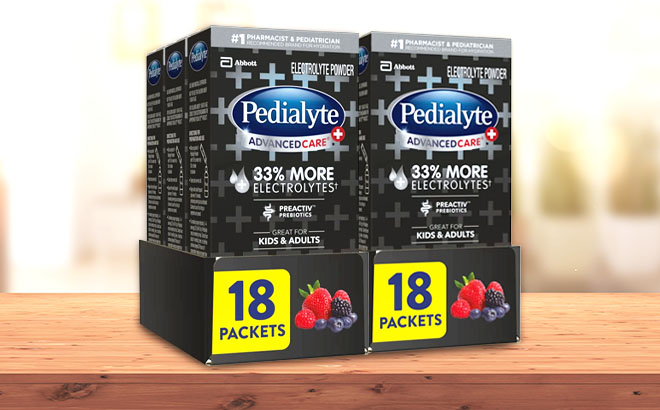 Pedialyte AdvancedCare Plus Electrolyte Powder 36 Pack on a Table Pedialyte AdvancedCare Plus Electrolyte Powder 36 Pack on a Table