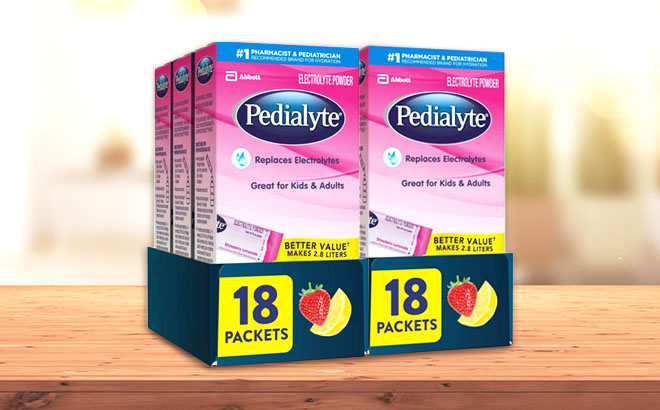 Pedialyte Electrolyte Powder Packets 36 Pack on a Table