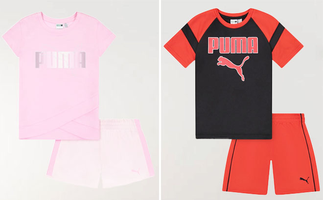 Puma Kids Logo Tees Shorts Set on a Gray Background
