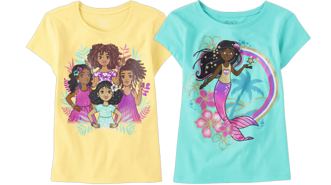 The Childrens Place Girls Graphic Tee On the Left and The Childrens Place Girls Mermaid Graphic Tee on the Right