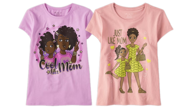 The Childrens Place Girls Like Mom Graphic Tee on the left and The Childrens Place Girls Mini Graphic Tee on the right The Childrens Place Girls Like Mom Graphic Tee on the left and The Childrens Place Girls Mini Graphic Tee on the right