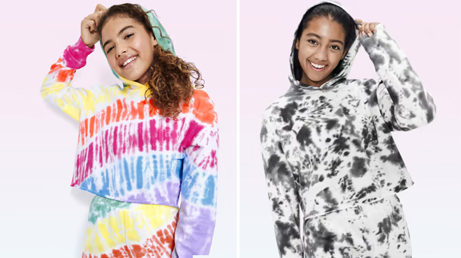 Two Girls Wearing Two Different Colors of Sugar Jade Girls Tie Dye Cropped Hoodie