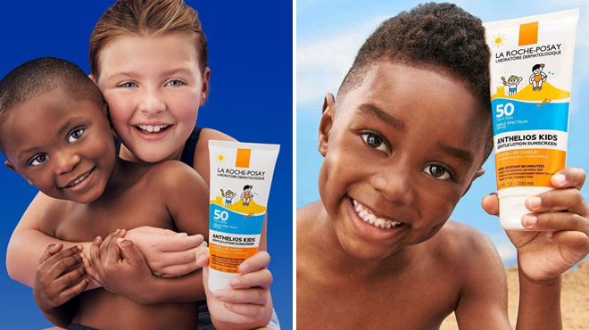 Two Kids with La Roche Posay Kids Sunscreen Lotion SPF 50 on the Left and a Boy Holding the Same Item on the Right