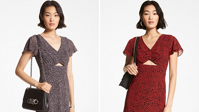 Two Women Wearing Michael Kors Leopard Print Mini Dress on the Left and Michael Kors Animal Print Dress on the Right