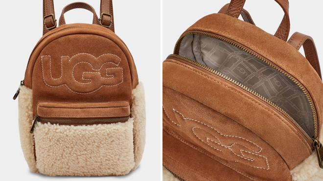 UGG Dannie II Sheepskin Mini Backpack in Chestnut Color on the Left and Same Item in Top View on the Right