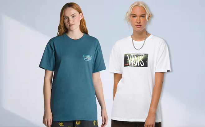 VANS Full Patch Back T Shirt in Teal and VANS Light Box Logo T shirt