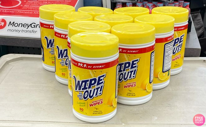 Wipe Out Antibacterial Wipes on top of a Shipping Cart