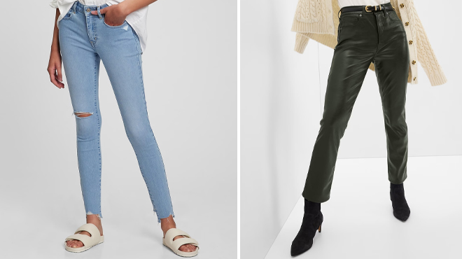 Woman Wearing GAP Mid Rise Universal Jegging on the Left and High Rise Faux Leather Vintage Slim Jeans on the Right