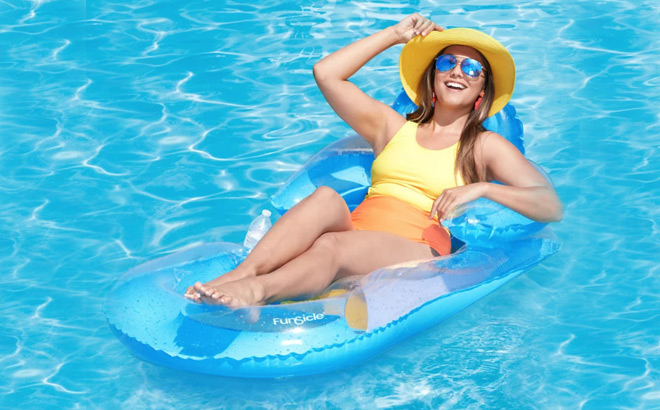 Woman in a Pool on a Funsicle Sky Blue Relaxing Lounge Inflatable Pool Float