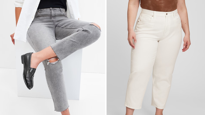 Women Wearing GAP Mid Rise Vintage Slim Jeans on the Left and High Rise Barrel Jeans on the Right