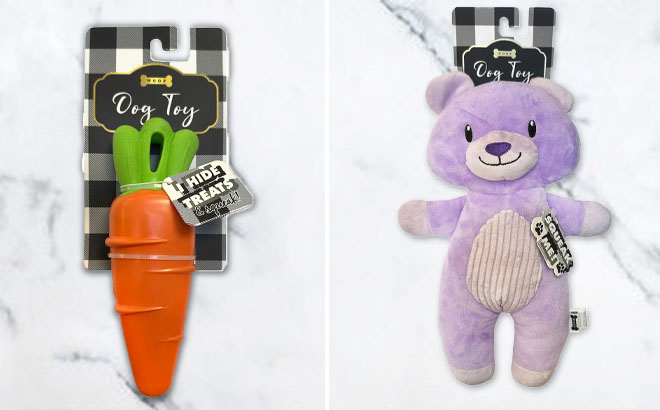 Woof Rubber Carrot Dog Toy and Woof Bear Plush Dog Toy