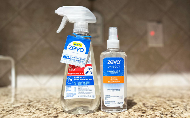 Zevo Instant Spray and Body Repellent on a Tabletop