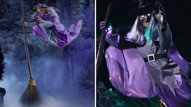 12 Foot Animated Hovering Witch on the Left and Closer Look at the Same Item on the Right
