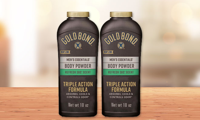 2 Gold Bond Mens Essentials Talc Free Body Powder on a Table 2 Gold Bond Mens Essentials Talc Free Body Powder on a Table