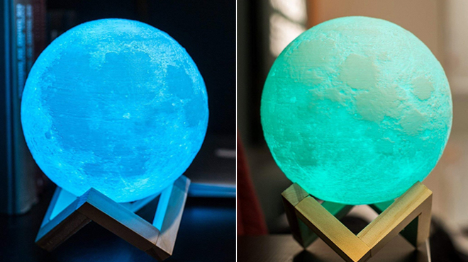 3 D Color Changing Moon Lamp in Blue light on the left and green light on the right