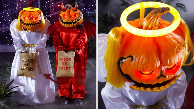 3 Foot Animated LED Interactive Devil Pumpkin Twins on the Left and Closer Look at the Same Item on the Right